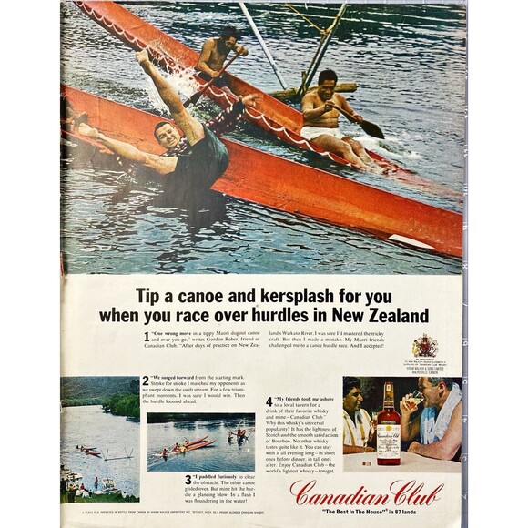 Canadian Club Whiskey "A canoe and kersplah in race" Vintage Print Ad 1966 - Picture 1 of 3